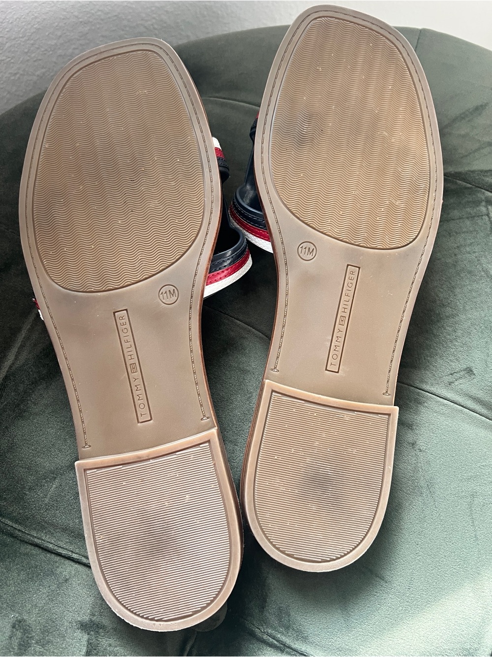 Tommy Hilfiger Red White Navy Leather Slide Sandals with Gold TH Accent - Picture 3 of 4